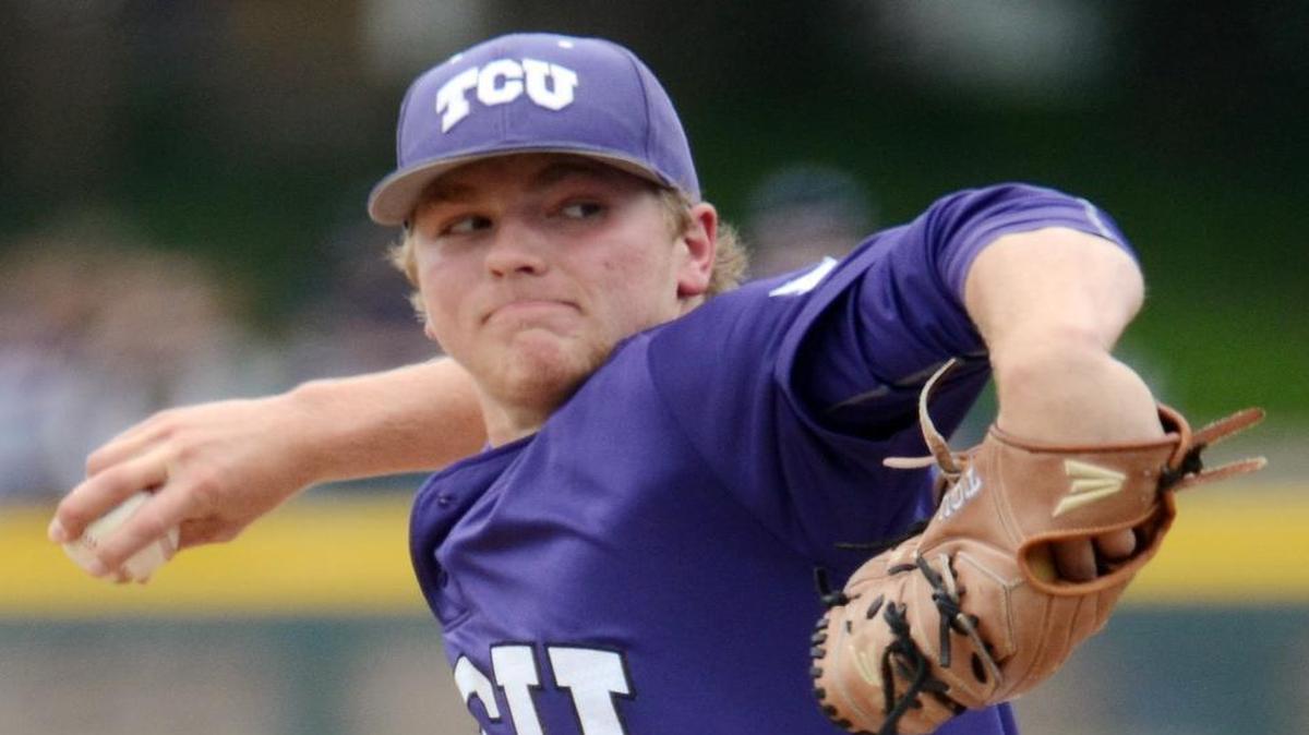 TCU pitcher Durbin Feltman delivers a pitch in the ninth inning last week against Oklahoma. The freshman from Conroe got four outs for his second save, finishing a 2-0 victory at Lupton Stadium.