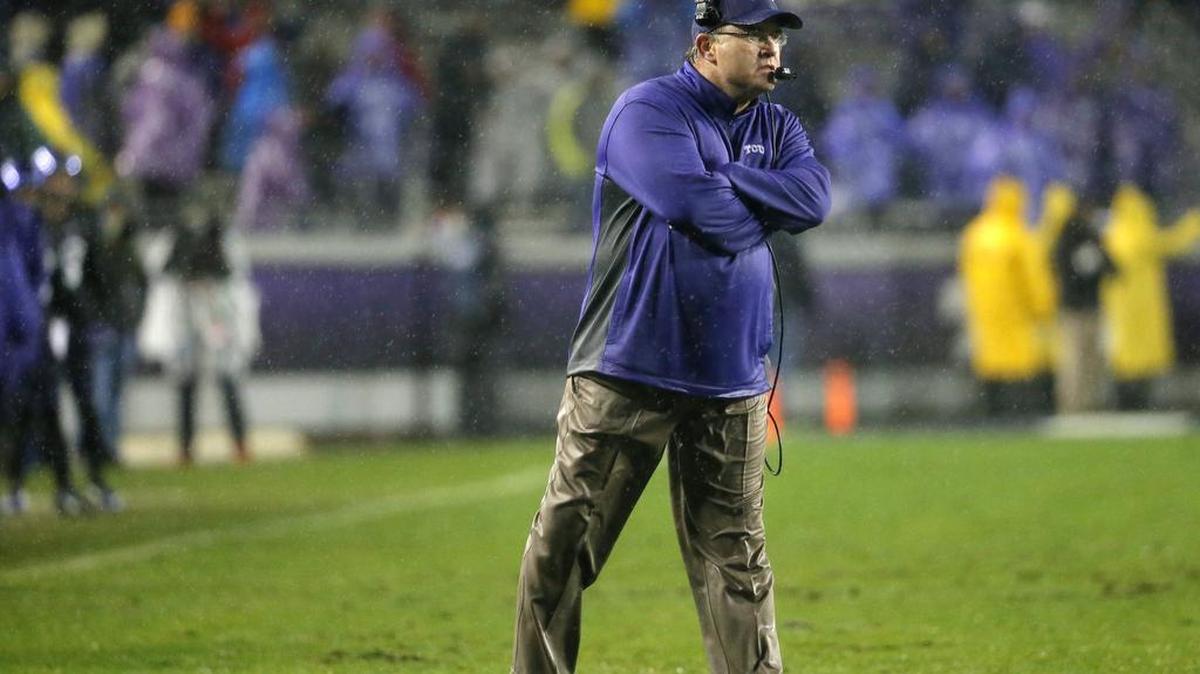 TCU coach Gary Patterson peers in on the action during this year’s game against Baylor at Amon G. Carter Stadium. The Horned Frogs’ 28-21 victory in double-overtime eventually led to an Alamo Bowl invitation, the 16th bowl berth in 18 seasons for Patterson as head coach at TCU.