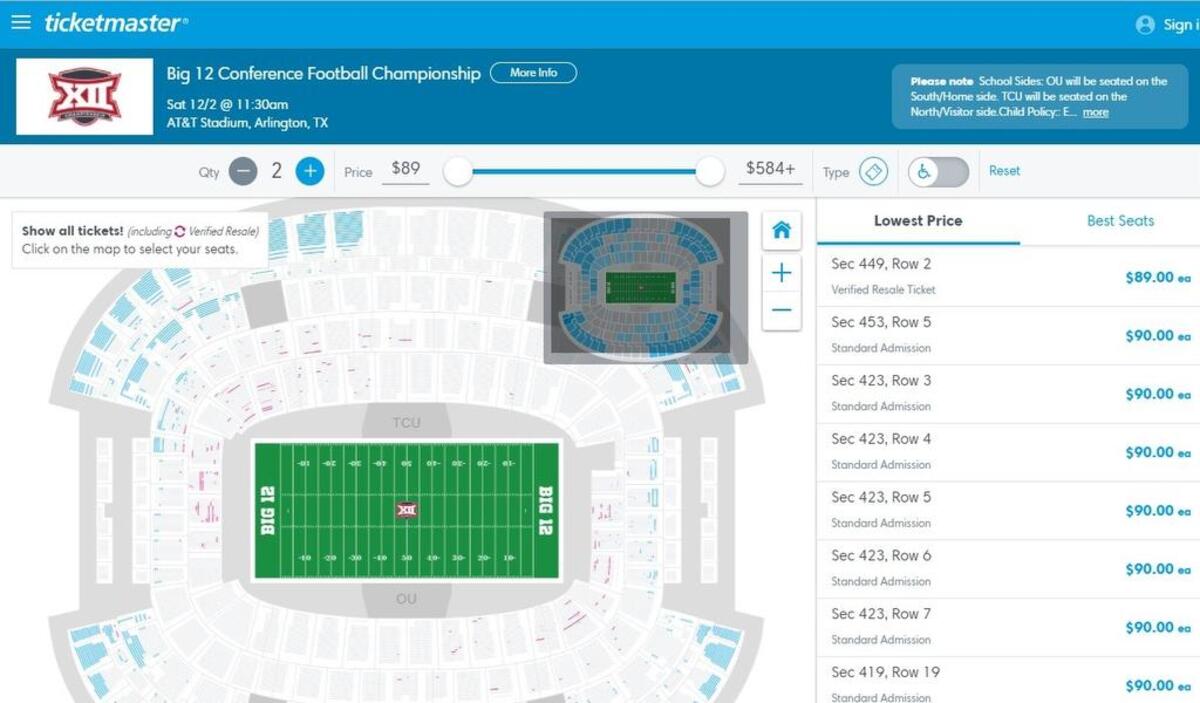 This screen grab from Ticketmaster shows the available seats for Saturday’s Big 12 championship game.