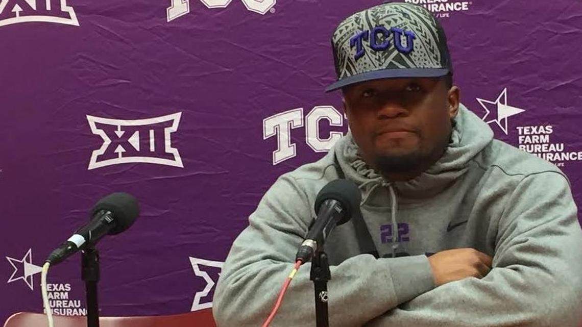 TCU running back Aaron Green talks with reporters after last week’s game against Oklahoma. Speaking emotionally, he said he wants to enjoy his final two games with his teammates.