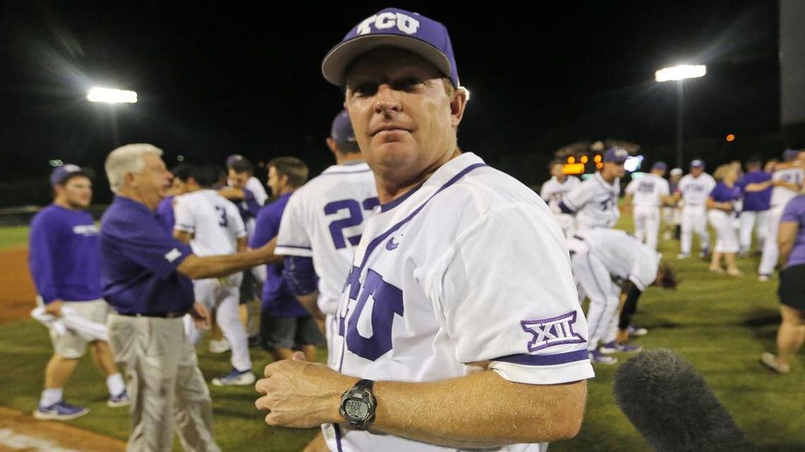 
TCU coach Jim Schlossnagle pauses during the celebration of a 5-4 victory in 16 innings against Texas A&M. The win last week put the Horned Frogs in the College World Series, where they will meet Vanderbilt in a winner’s bracket game on Tuesday night.
