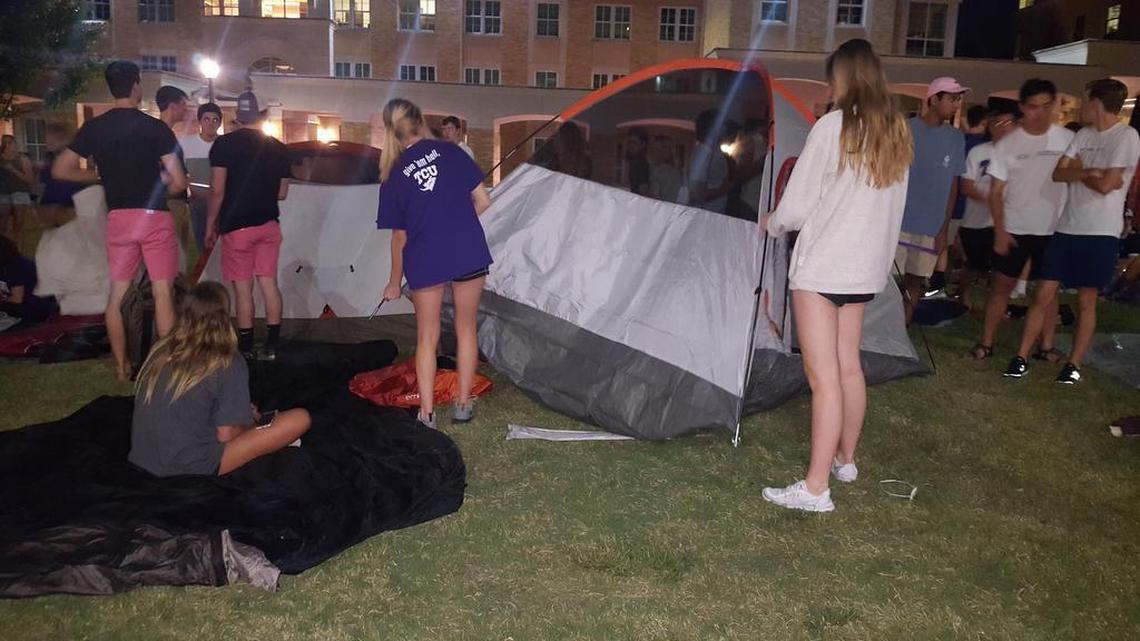 Hundreds of TCU students started setting up tents and unrolling sleeping bags to spend the night on the campus commons lawn for ESPN’s College GameDay, which is going live to the world from 8 to 11 a.m. Saturday.