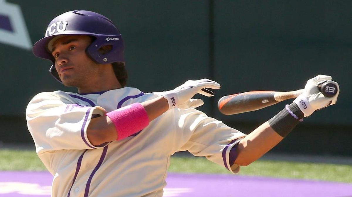 TCU third baseman Elliott Barzilli follows through on a swing during a March 20, 2016, game against West Virginia. Barzilli, who hit .339 and led the team in stolen bases, is one of three TCU players named to the Golden Spikes Award watch list.