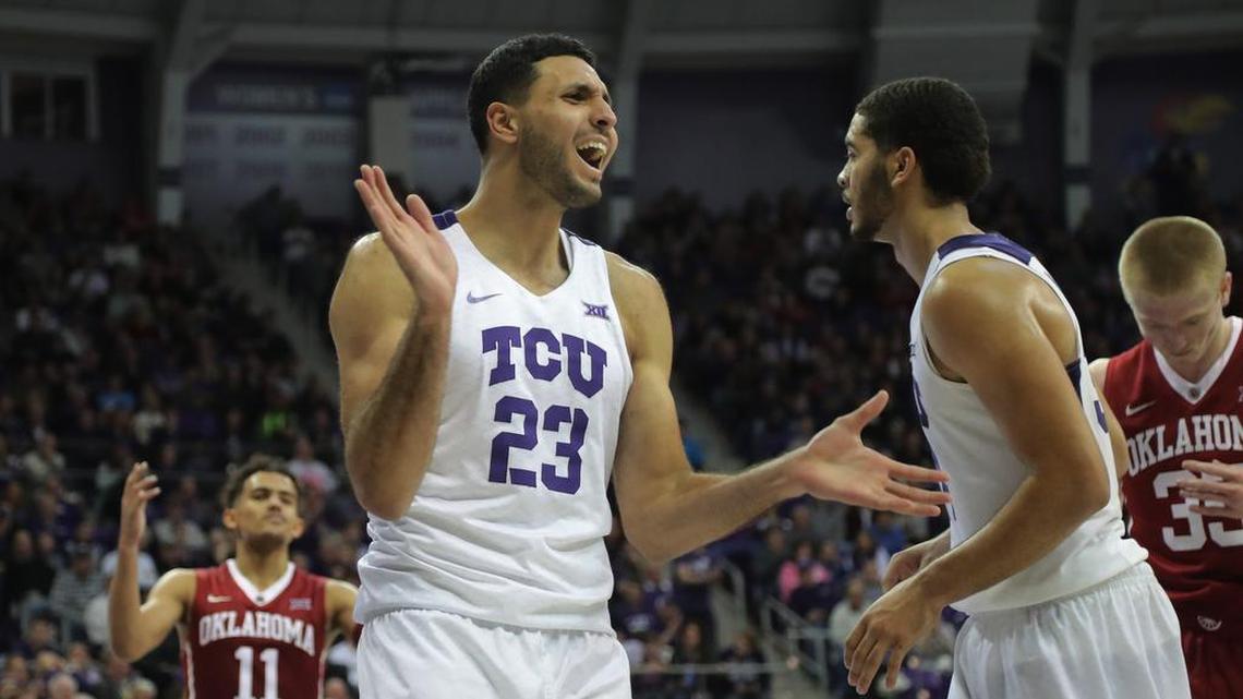 TCU forward Ahmed Hamdy reacts after drawing a foul against Oklahoma during a Big 12 game on Dec. 30 at Schollmaier Arena. The Horned Frogs and Sooners played in front of 6,912, the second-largest crowd in arena history.