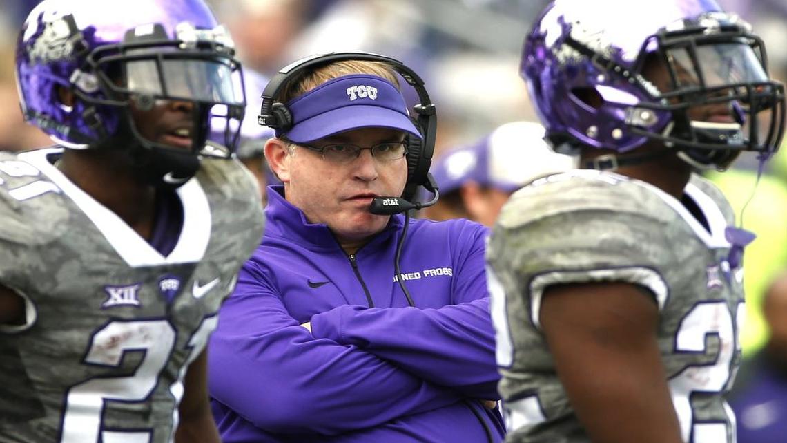 TCU coach Gary Patterson looks on from the sideline during the 2015 game against Kansas. The teams meet again in Fort Worth on Oct. 21, but the Big 12 said the game time will not be announced until Oct. 16.
