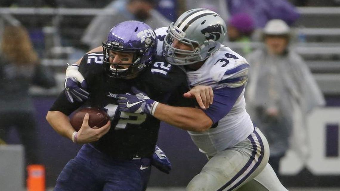 TCU quarterback Foster Sawyer is tackled during the team’s 30-6 loss to Kansas State in December. Sawyer, a third-year sophomore from Fort Worth All Saints, announced Tuesday on his Twitter account that he will transfer to another schoool.