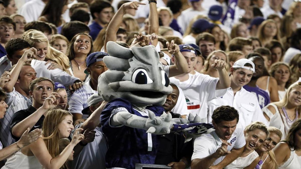 
TCU mascot Super Frog motivates fans during the SMU game.
