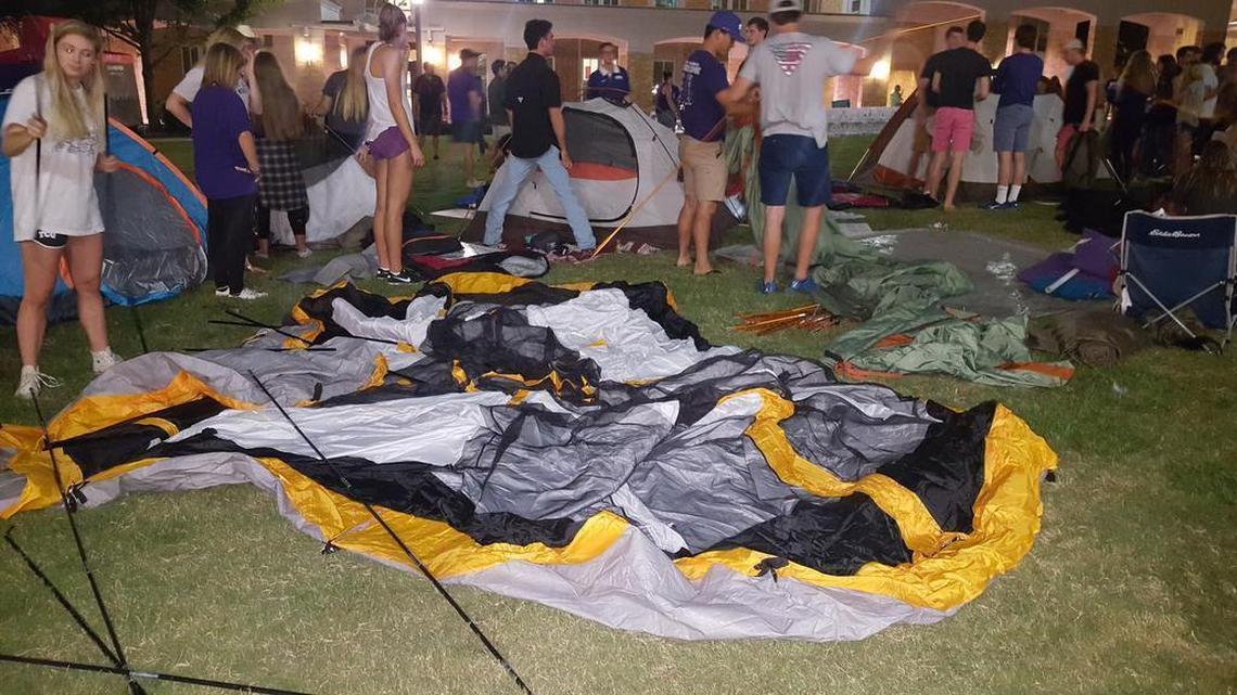 Hundreds of TCU students started setting up tents and unrolling sleeping bags to spend the night on the campus commons lawn for ESPN’s College GameDay, which is going live to the world from 8 to 11 a.m. Saturday.