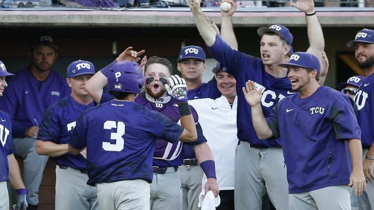 TCU third baseman Elliott Barzilli celebrates his three-run home run with teammates including Evan Skoug, front right, against Missouri State during an NCAA super regional baseball game, Sunday, June 11, 2017, at Lupton Stadium in Fort Worth, Texas. TCU won 8-1 advancing to the NCAA College World Series.