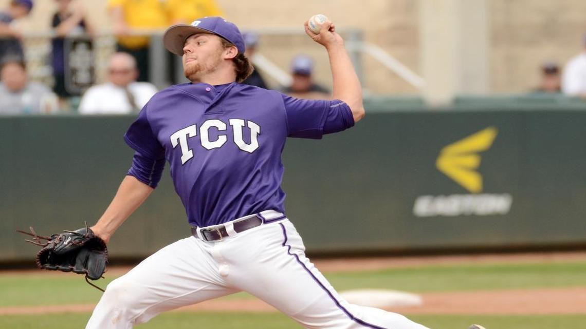 
TCU relief pitcher Drew Gooch throws against Kansas in the 10th inning of a May 9 game at Lupton Stadium. Gooch was in the dugout on crutches before Sunday’s CWS opener for the Horned Frogs.
