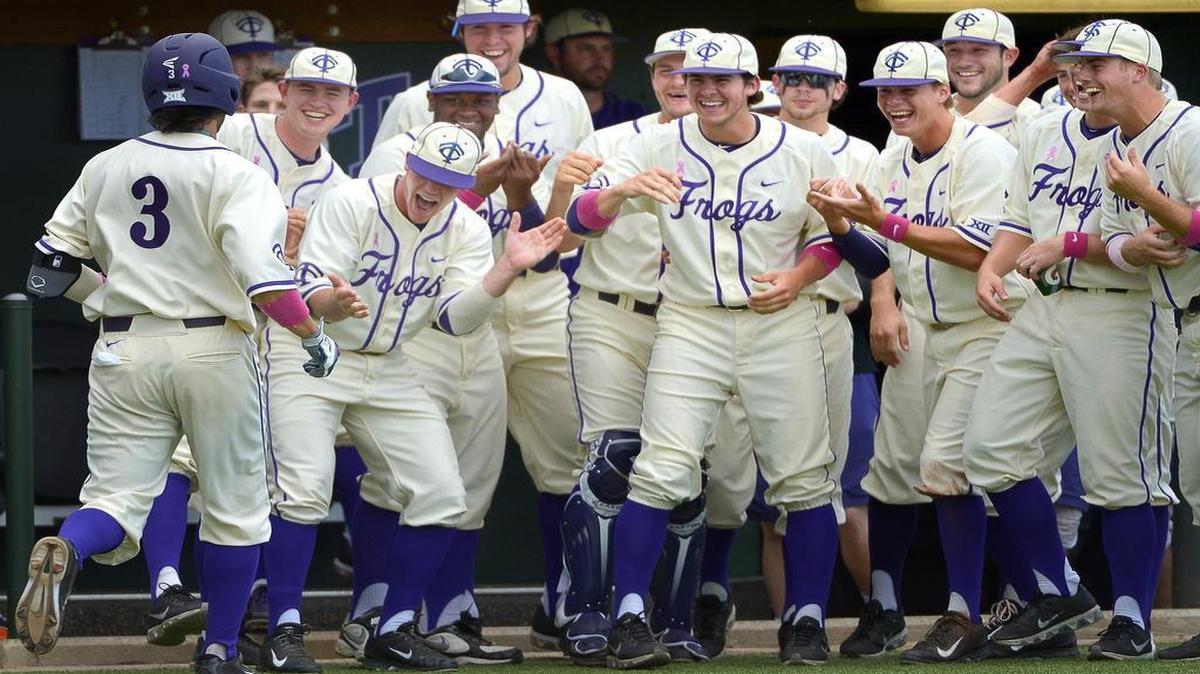 
TCU first baseman Elliott Barzilli gets a warm welcome back to the dugout after a solo home run in the sixth inning Sunday against Texas. It was the second home run of the season for the sophomore from Los Angeles.
