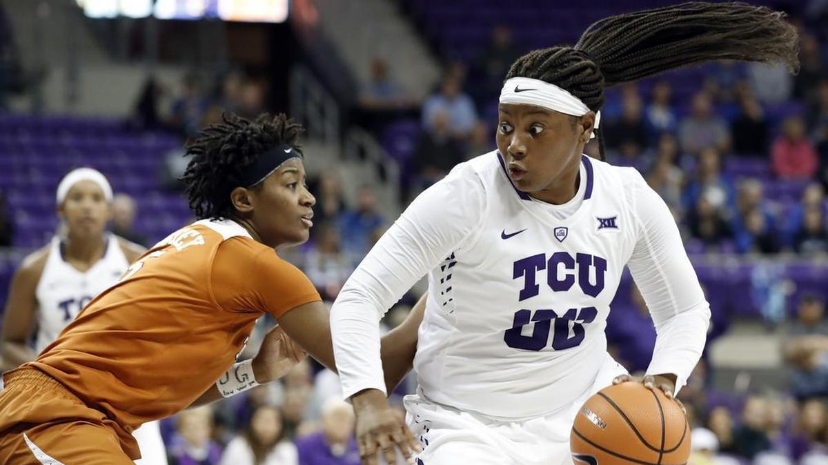 TCU forward Amy Okonkwo, right, in action Jan. 10 against Texas, scored 22 points to lead the Horned Frogs past Kansas State. Okonkwo was named the Big 12 Conference Six Man of the Year on Wednesday.