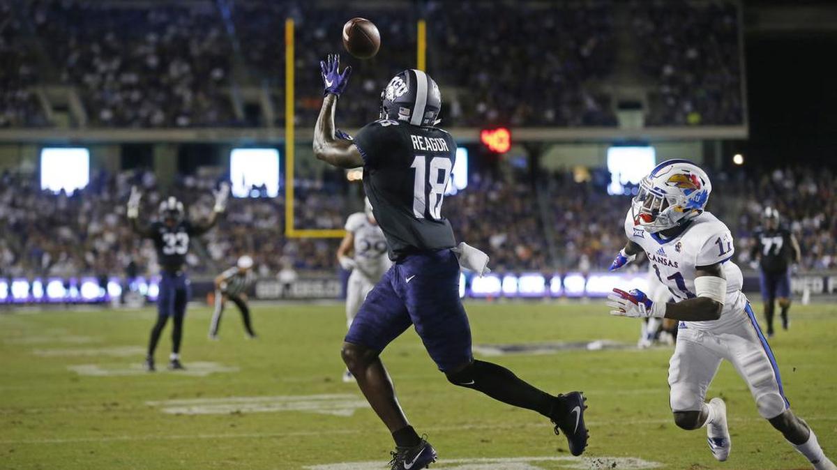 TCU receiver Jalen Reagor brings in a touchdown catch in the second quarter against Kansas. The freshman from Waxahachie had two touchdown receptions in the Horned Frogs’ 43-0 victory, giving him four for the season.
