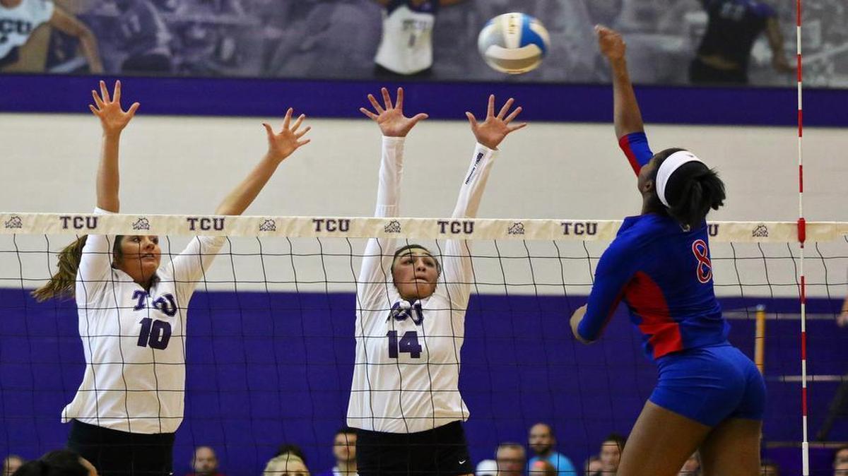 Regan McGuire, left, and Sarita Mikals have helped TCU become the best blocking volleyball in the Big 12.