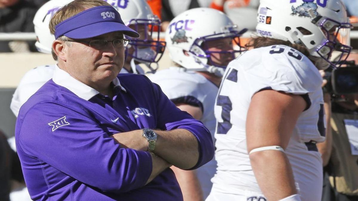 TCU coach Gary Patterson looks on in pregame activities last week in Stillwater, Okla., where the Horned Frogs lost their school-record 16-game winning streak.