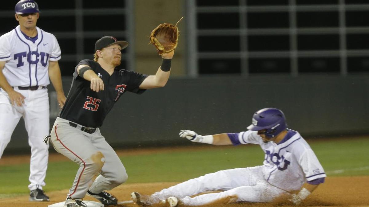 TCU outfielder Dane Steinhagen (10) reaches third base as the ball prepares to sail over the head of Texas Tech third baseman Hunter Hargrove.