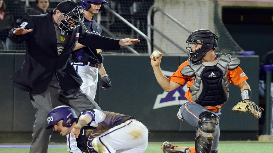 TCU’s Ryan Merrill beats the tag of UT Rio Grande Valley catcher Austin Douglas to make it 7-0 in the third inning Tuesday night.