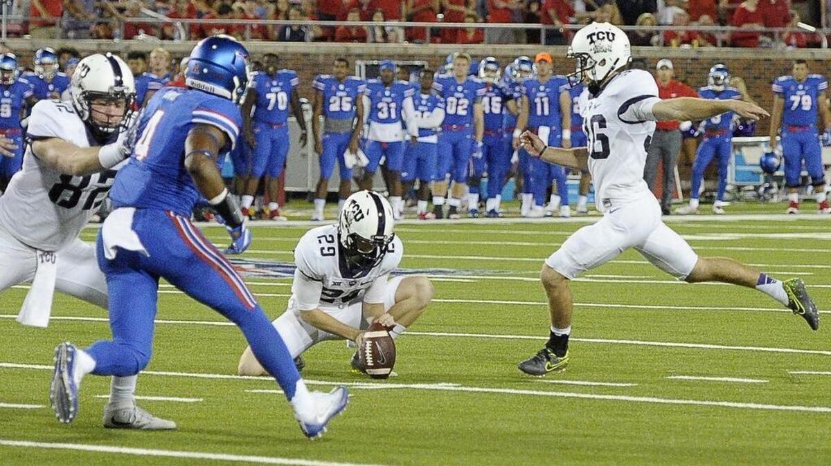 TCU’s Ryan Graf goes for a kick in a Sept. 23, 2016, game at SMU. He made two field goals and two extra points in the game.