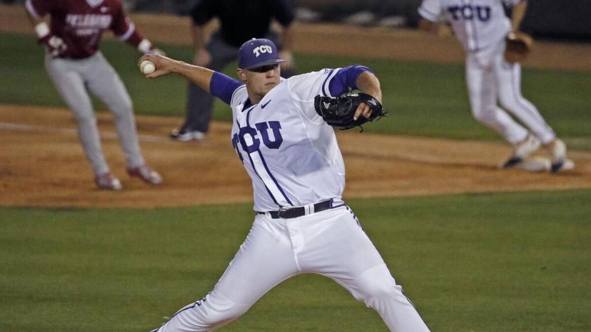 TCU’s Luken Baker delivers a pitch in the fifth inning of a start against Oklahoma last week at Lupton Stadium. He pitched six innings and picked up his third victory.