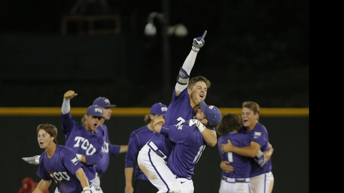 
TCU players celebrate Monday night’s comeback over North Carolina State. The Frogs advanced to the Super Regionals and will host Texas A&M in a best-of-three series.


