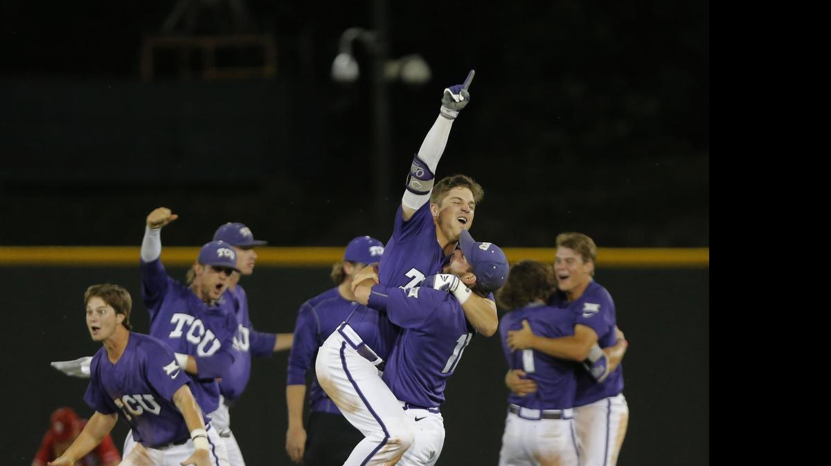 
TCU players celebrate Monday night’s comeback over North Carolina State. The Frogs advanced to the Super Regionals and will host Texas A&M in a best-of-three series.


