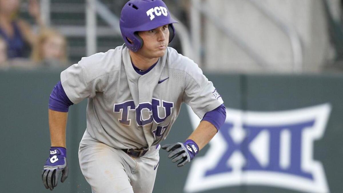 TCU catcher Zach Humphreys follows the flight of the ball on a double as he exits the batters box in the eighth inning of a May 2 game against Abilene Christian at Lupton Stadium.