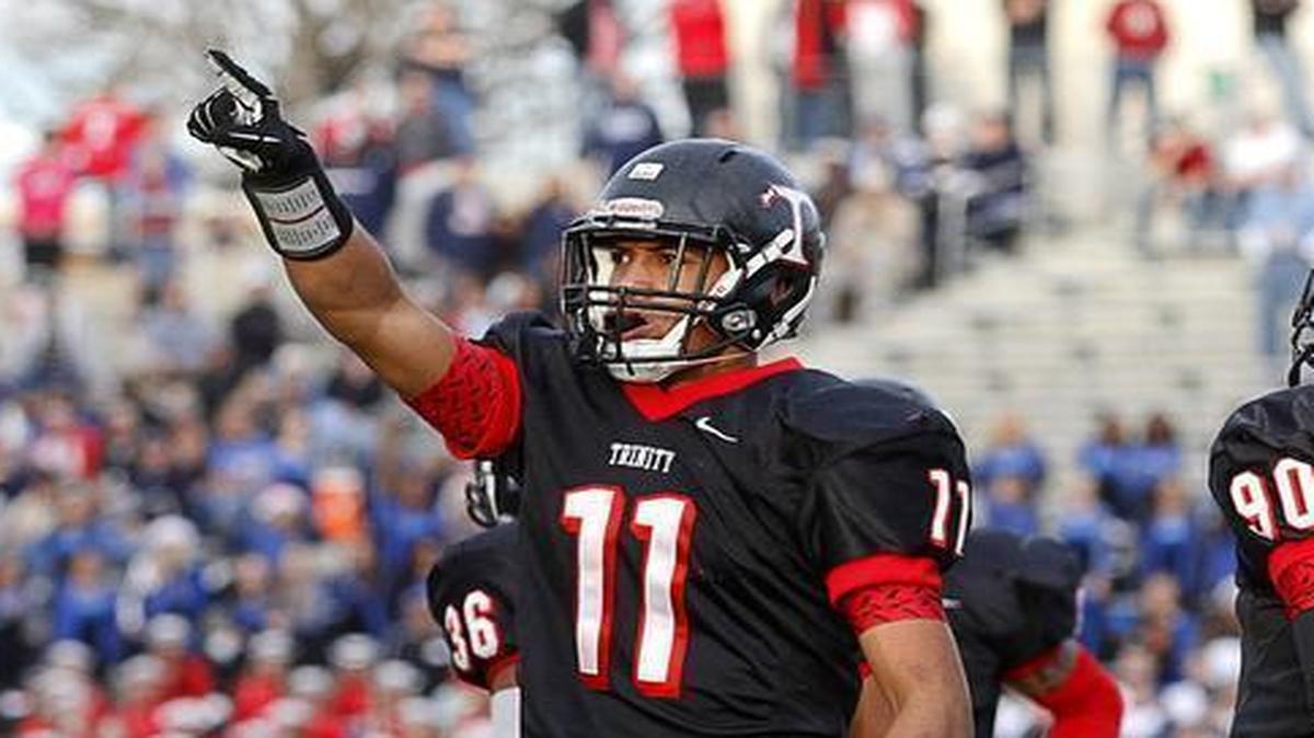 
 Tipa Galea’i (11) celebrates a sack of Allen quarterback Kyler Murray during a December game for Euless Trinity. The TCU freshman is making an impression early in preseason drills for the Frogs. 
