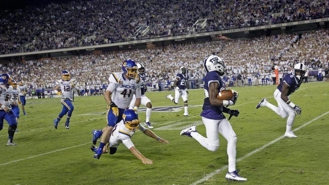 TCU returner KaVontae Turpin heads to the end zone to complete an 81-yard punt return for a touchdown against South Dakota State. Turpin, out the past three games with a knee injury, is expected to play Saturday against Texas Tech.
