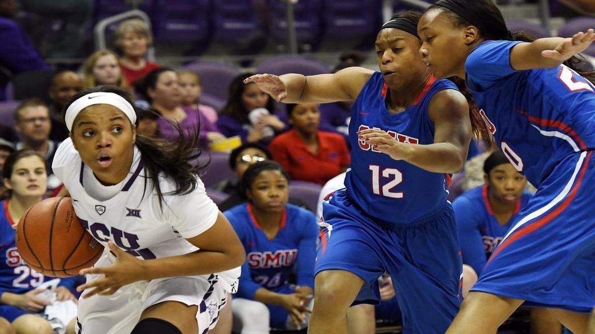 TCU's AJ Alix, left, drives up the baseline against SMU's Morgan Bolton and Dai'ja Thomas during the first quarter of Sunday's November 20, 2016 women's basketball game at Schollmaier Arena, in Fort Worth, Texas. Special/Bob Haynes