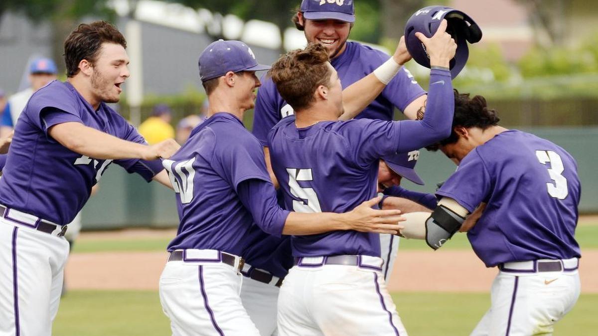 
TCU players swarm teammate Elliott Barzilli after his game-winning RBI in the 10th inning against Kansas at Lupton Stadium on May 9. It was the eighth of 11 straight Big 12 victories to close the regular season for the Horned Frogs en route to the league title.
