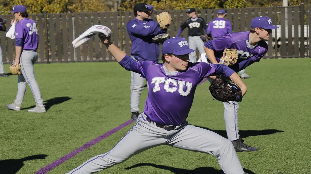 TCU pitchers go through drills during the first practice of the season Jan. 27 at Lupton Stadium.