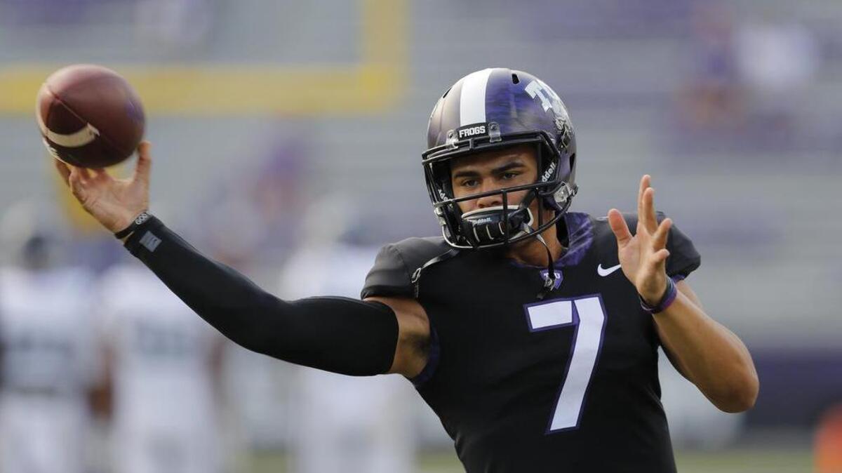TCU quarterback Kenny Hill throws in warmups before the Jackson State game. He completed 18 of 23 passes for 206 yards and four touchdowns in the Horned Frogs’ 63-0 win.