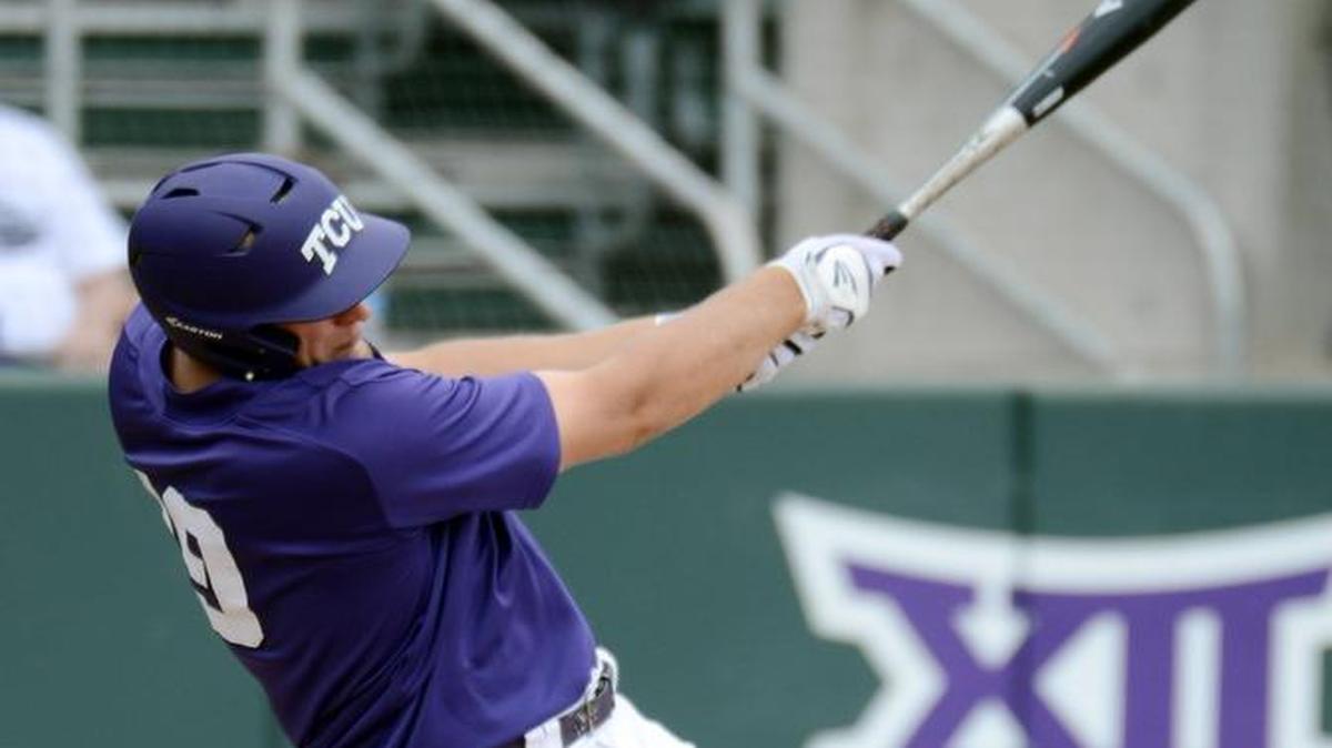 TCU’s Luken Baker, shown hitting earlier this season, hit a two-run home run in the seventh inning as the Horned Frogs broke a tie to beat Baylor 7-3 Sunday. It was the freshman’s fourth home run of the season. Baker is limited to designated hitter duties after he was shut down as a pitcher because of a muscle strain.