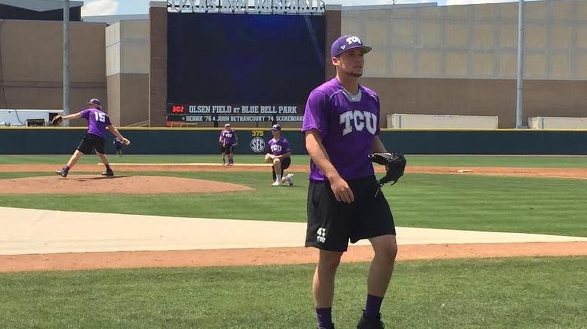 TCU pitcher Jared Janczak comes off the field after a drill during practice Thursday at Blue Bell Park in College Station. The redshirt junior from Belton will start Game 1 of the Super Regional series against Texas A&M.