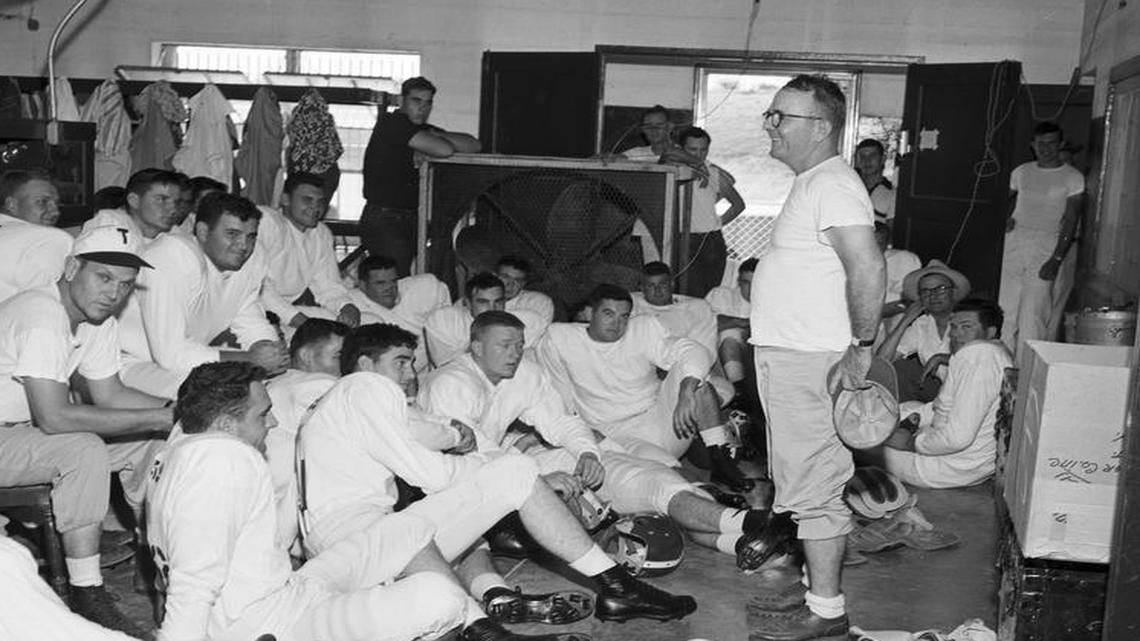 TCU coach Dutch Meyer addresses his team at the start of fall football practice in 1952.