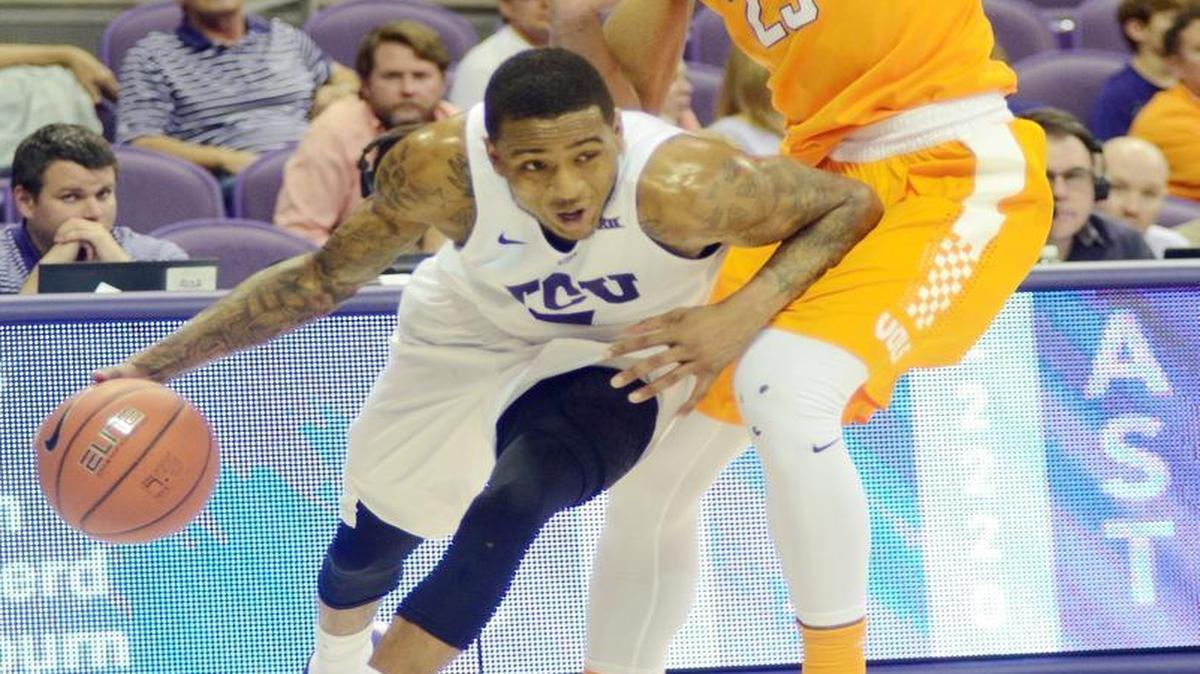 TCU guard Brandon Parrish drives the baseline against Tennessee in a Jan. 30, 2016, game at Schollmaier Arena as part of the Big 12/SEC Challenge. TCU went to 3-0 in the event with a 75-63 victory.