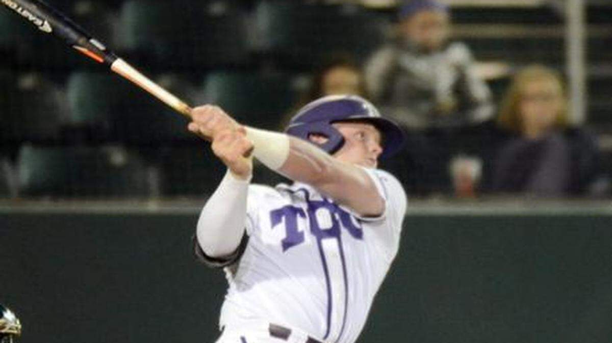 
TCU’s Evan Skoug hits a solo home run in the seventh inning Wednesday to give TCU 1-0 victory over Texas Southern. 
