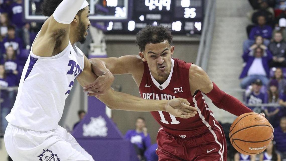 TCU guard Shawn Olden, left, defends Oklahoma guard Trae Young during the Sooners 90-89 win over the Horned Frogs on Dec. 30. Young scored 39 points and leads the nation in scoring.