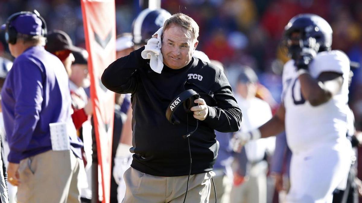 TCU coach Gary Patterson walks the sideline during Saturday’s loss at Iowa State.