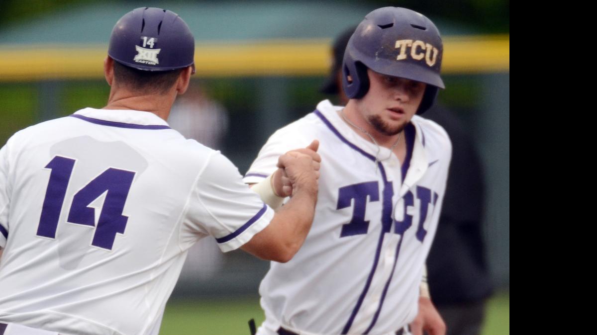 
TCU catcher Evan Skoug gets a fist bump from third-base coach Bill Mosiello after homering in the second inning last week against Abilene Christian. It was the second in a run of eight home runs in three games for TCU, including the first two of a three-game sweep at Oklahoma this weekend.
