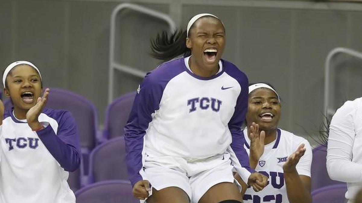 TCU center Carol Willie (55) explodes off the bench after a TCU score as Butler played TCU in November. Willie will be honored on senior night Saturday after the game with No. 16 Oklahoma at Schollmeier Arena.