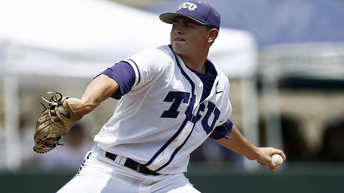
TCU pitcher Tyler Alexander works against Texas A&M in the first inning of a Super Regional game at Lupton Stadium. He began the game by retiring the first 18 batters and finished with a complete-game three-hit victory.
