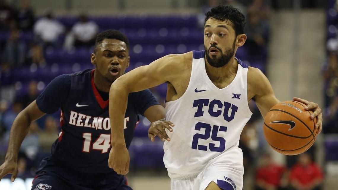 TCU guard Alex Robinson drives inside Belmont guard Nick Hopkins during the second half of a Nov. 29 game at Schollmaier Arena. In limited action, Robinson had five points and five assists in the Horned Frogs’ 87-76 victory.