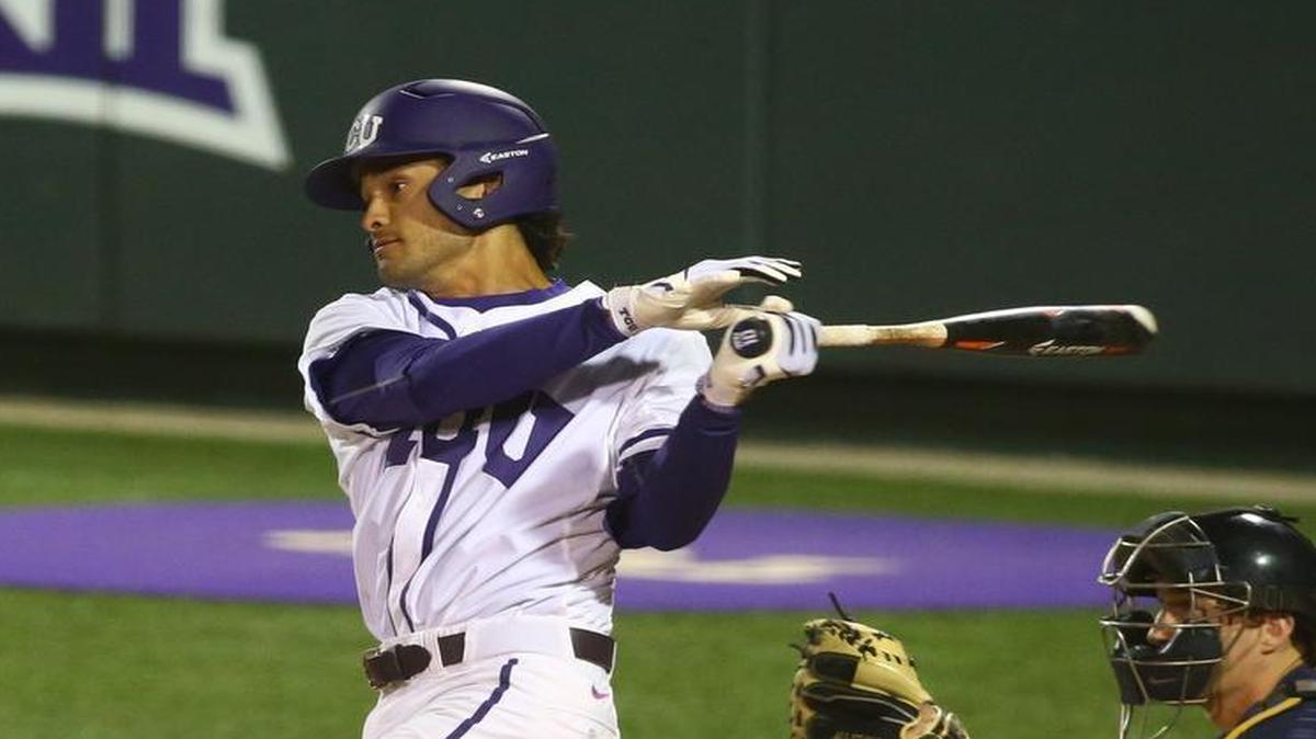 TCU’s Elliott Barzilli connects on a two-run home run to tie the game in the bottom of the eighth inning of the Frogs’ 10-6 victory over West Virginia.