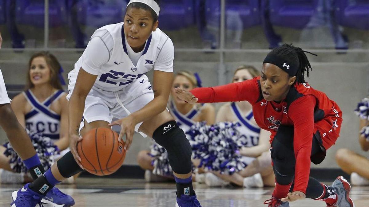 TCU guard AJ Alix, scrambling for a loose ball with Japreece Dean of Texas Tech, is among the Big 12 leaders in 3-point shooting.