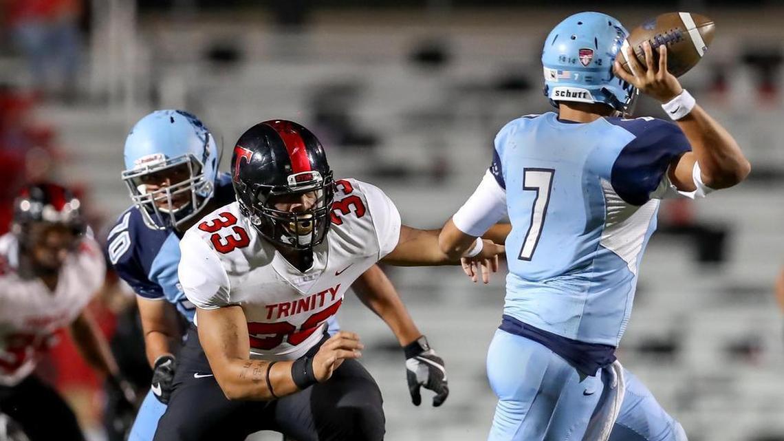Trinity defensive end Izaih Filikitonga (33) is committed to TCU and is expected to sign with the Frogs on Wednesday during National Signing Day.