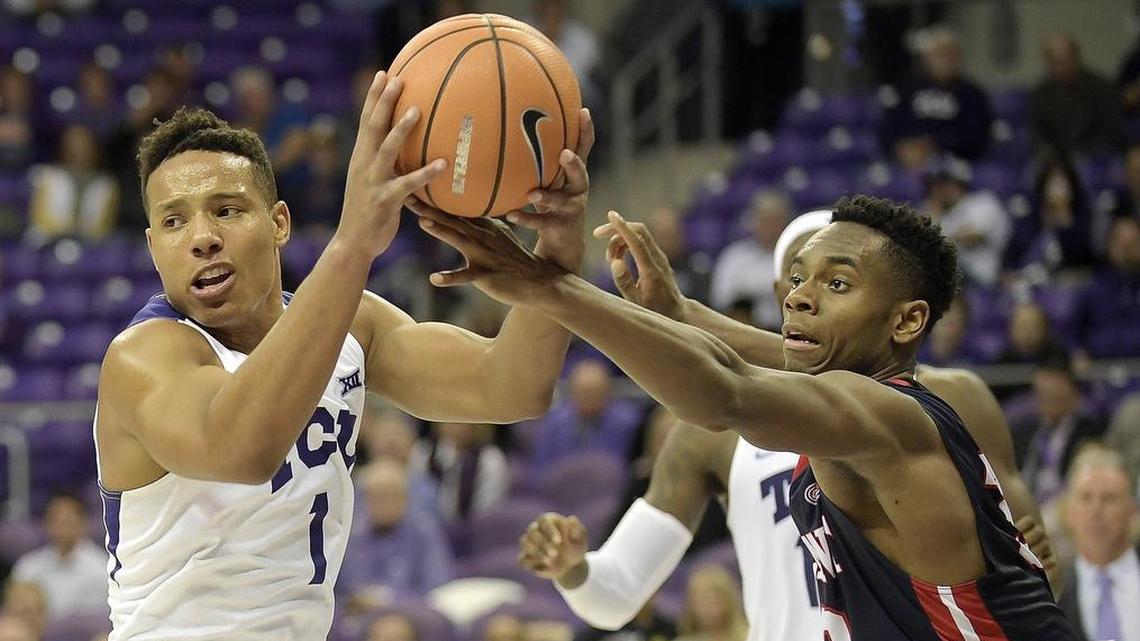 Belmont Bruins forward Amanze Egekeze (32) tries to steal the ball from TCU Horned Frogs guard Desmond Bane (1) as TCU beat Belmont 87 to 76 in college basketball at Schollmaier Arena in Fort Worth, TX, Wednesday, Nov. 29, 2017.