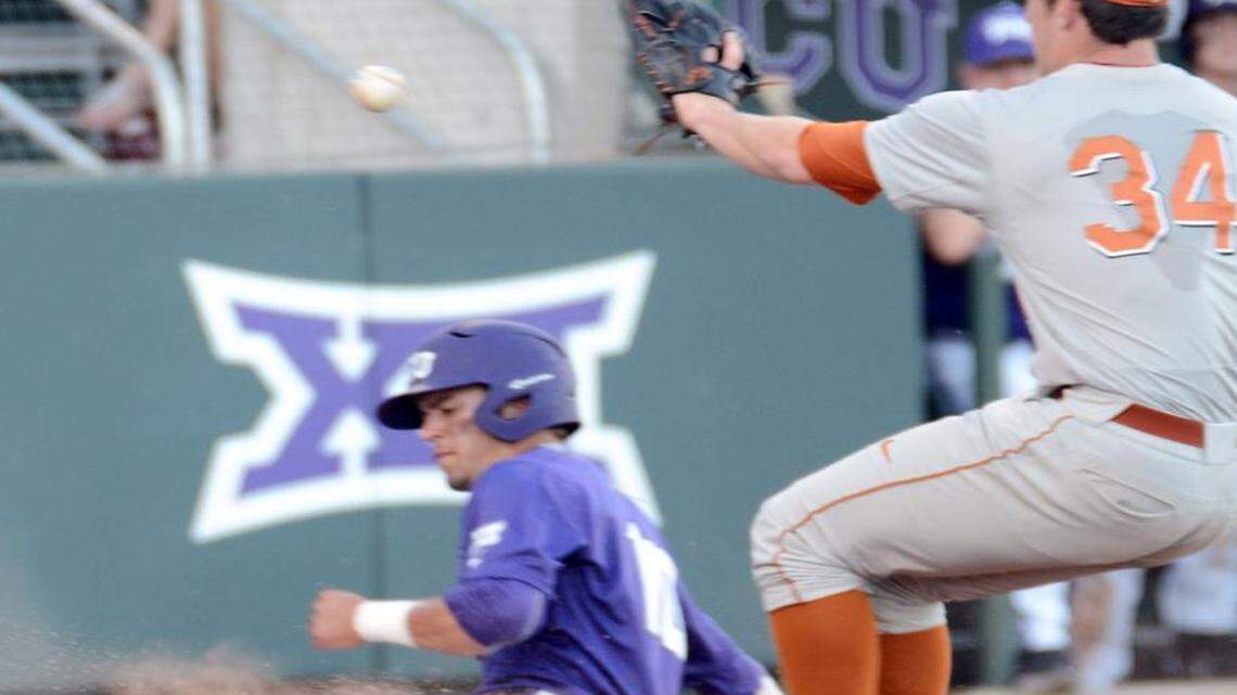 
TCU’s Dane Steinhagen scores after a pitch from Kyle Johnston got past the catcher as the Horned Frogs widened their lead in the second game. TCU won 11-6. 

