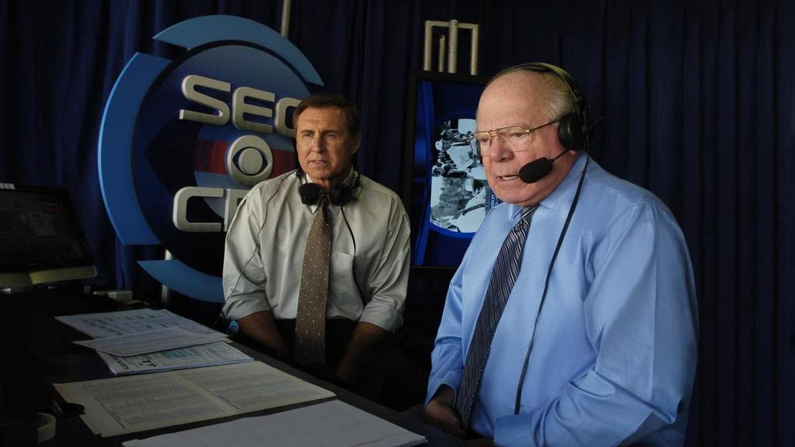 Long time CBS college football play-by-play announcer Verne Lundquist retired after the 2016 season. Brad Nessler took over the lead job with analyst Gary Danielson, left, for the 2017 season. Their first game together this season was Saturday’s TCU-Arkansas game in Fayetteville, Ark.