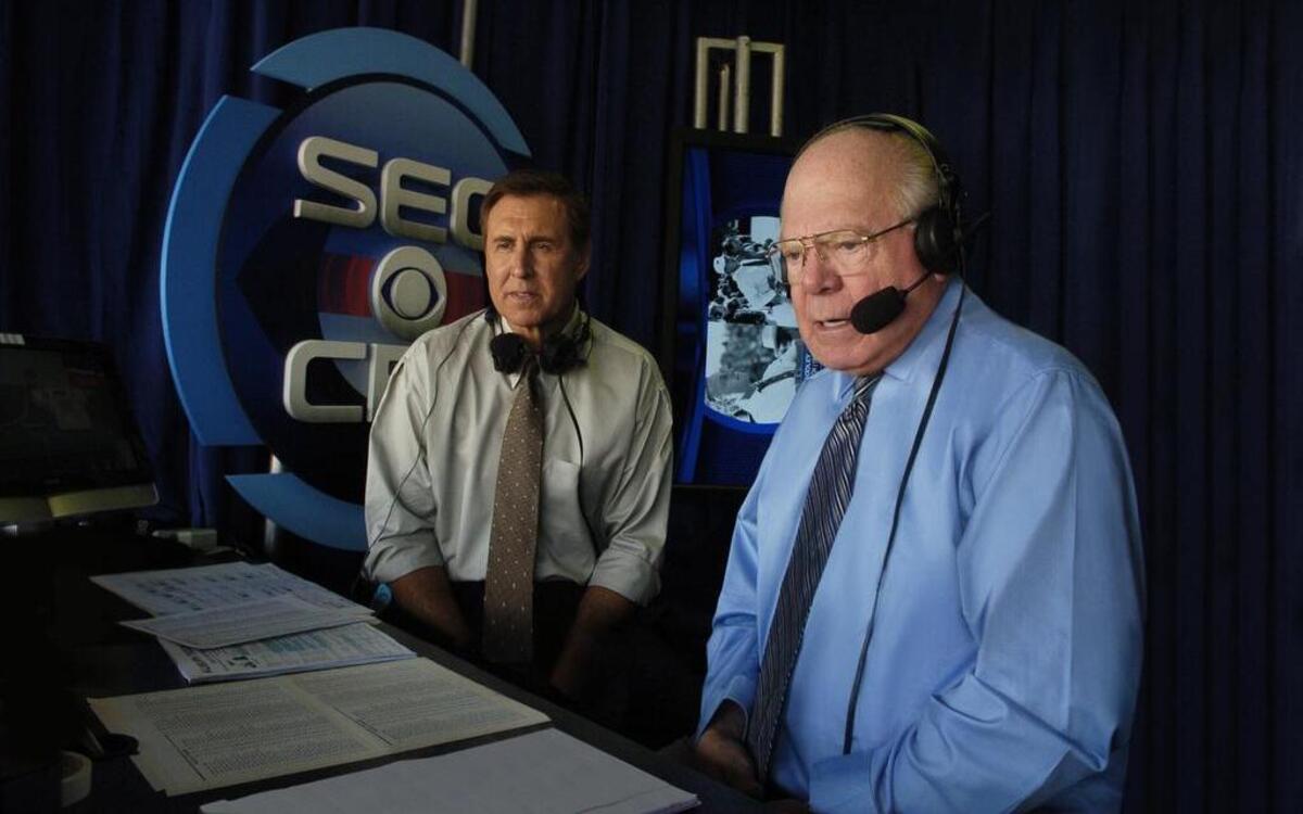 Long time CBS college football play-by-play announcer Verne Lundquist retired after the 2016 season. Brad Nessler took over the lead job with analyst Gary Danielson, left, for the 2017 season. Their first game together this season was Saturday’s TCU-Arkansas game in Fayetteville, Ark.